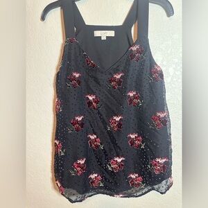 Loft lined black tank with velvet roses and polka dots size small